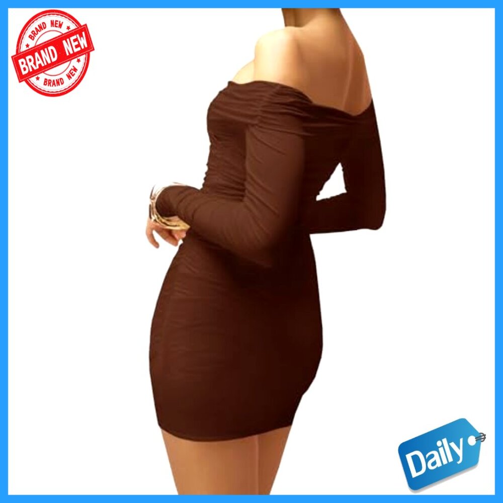 Long Sleeve Off Shoulder Bodycon Mini Dress Ruched Party Cocktail - Picture 4 of 6